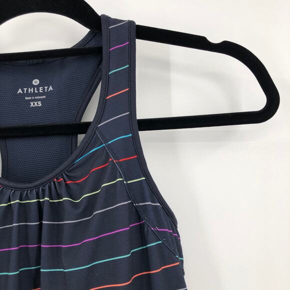 Athleta Navy Blue Multicolor Stripe Ties Racerback Built In Bra Tinker Tank Top - Picture 9 of 10